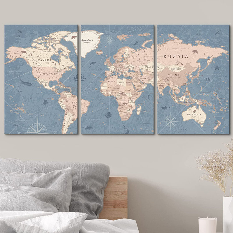 IDEA4WALL Large Blue Global Antique World Map Framed Canvas 3 Piece Print Triptych Set Wall